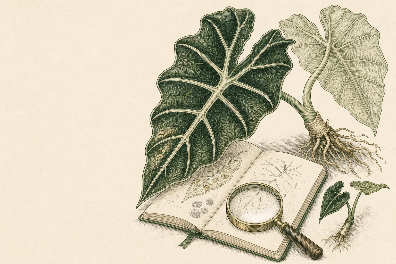 Engraved botanical diagnostic scene with Alocasia leaves, exposed roots, a plant-care notebook and magnifying glass.
