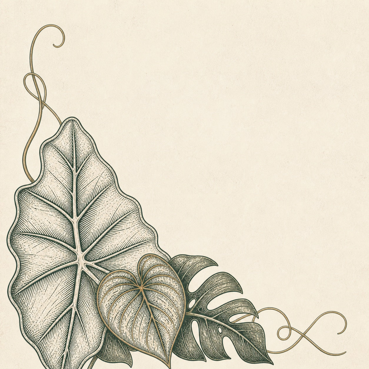 Engraved Alocasia, Anthurium and Monstera foliage clustered in the lower-left corner of warm ivory paper.