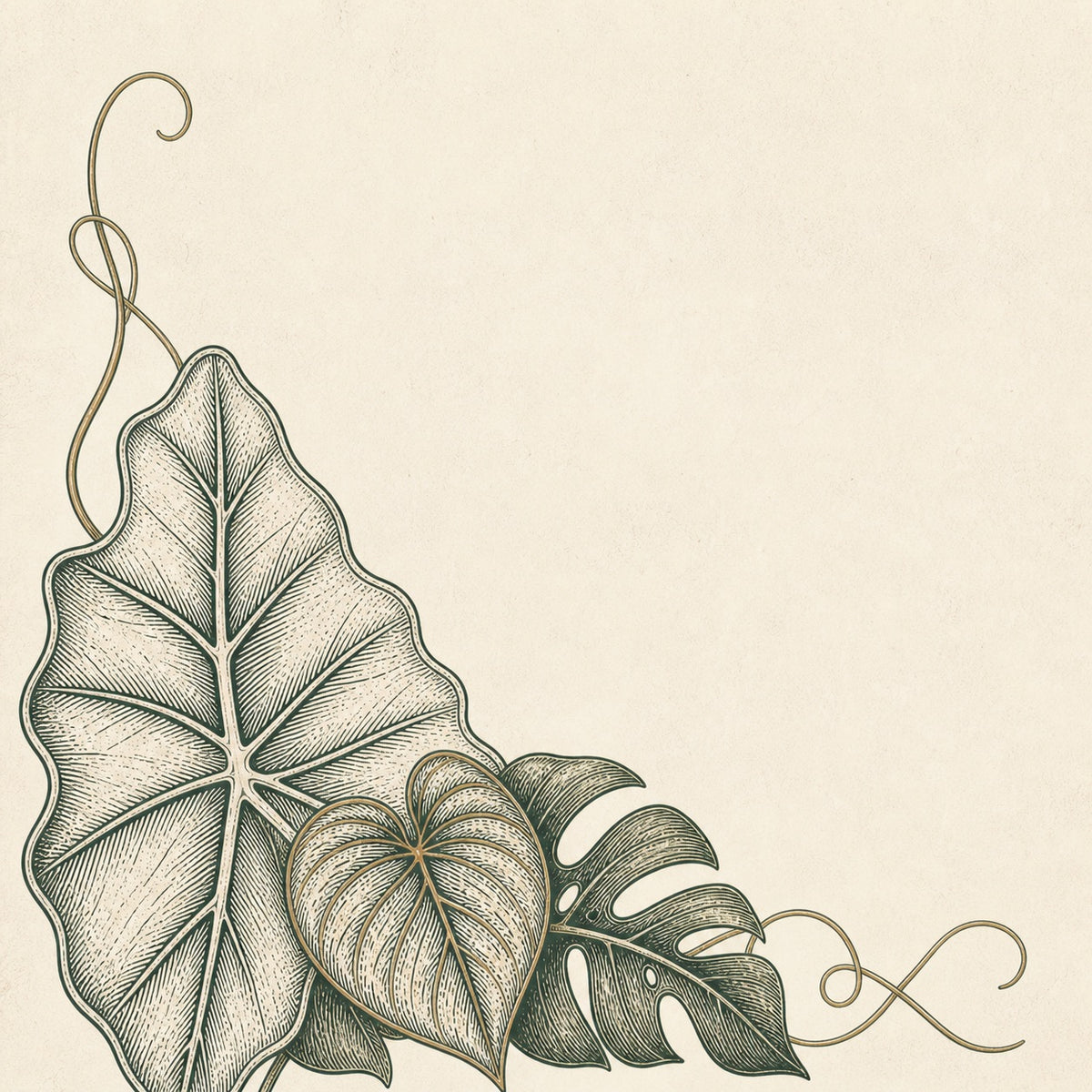 Engraved Alocasia, Anthurium and Monstera foliage clustered in the lower-left corner of warm ivory paper.