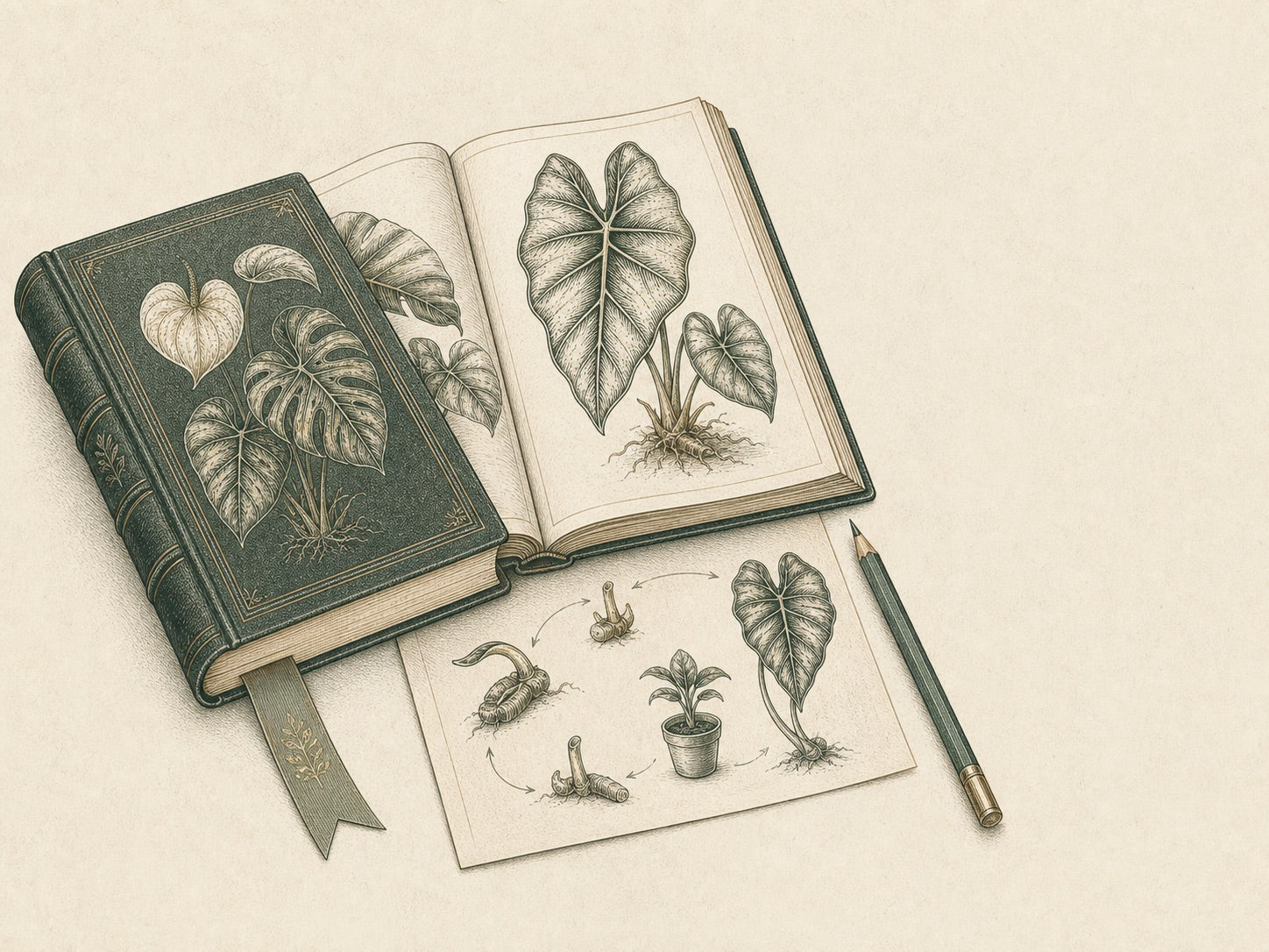 Vintage botanical field guides open to Alocasia illustrations beside a propagation diagram and pencil.