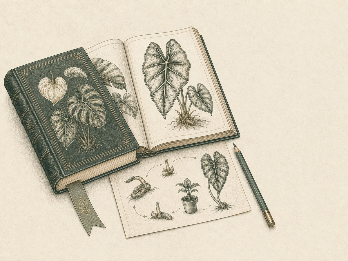 Vintage botanical field guides open to Alocasia illustrations beside a propagation diagram and pencil.