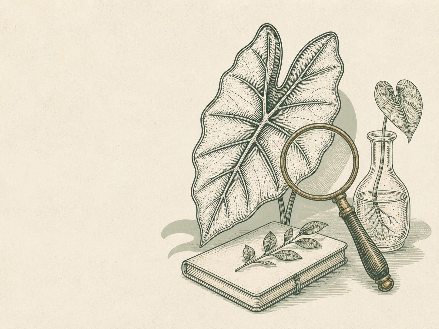 Engraved Alocasia leaf with a magnifying glass, care notebook and propagation vessel on warm ivory paper.