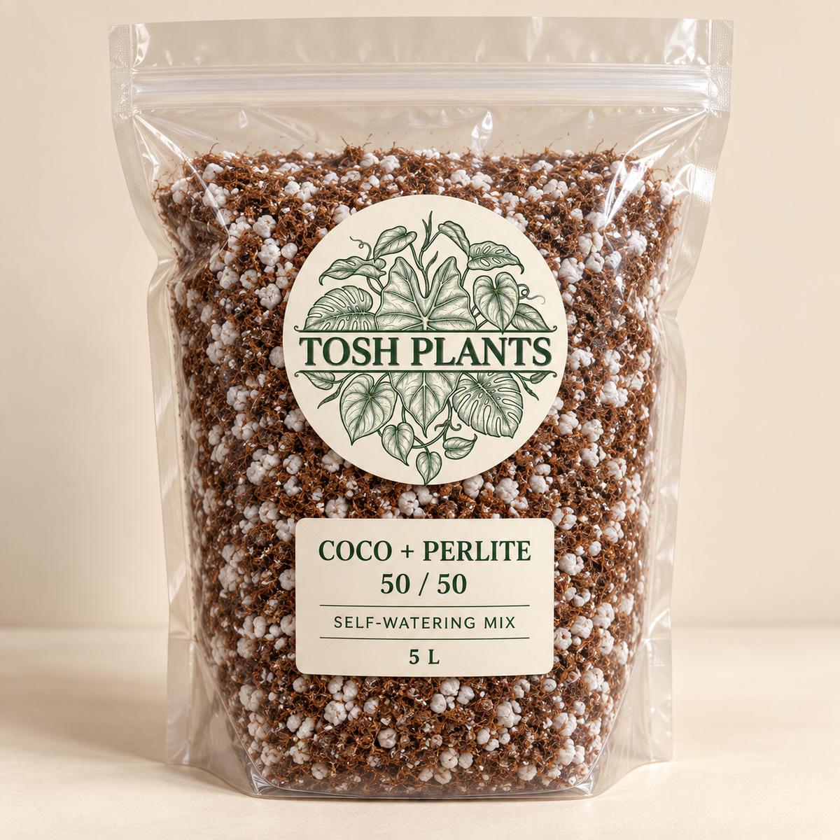 Generated packaging mockup of Tosh Plants 50/50 coco coir and perlite self-watering mix, 5 L.