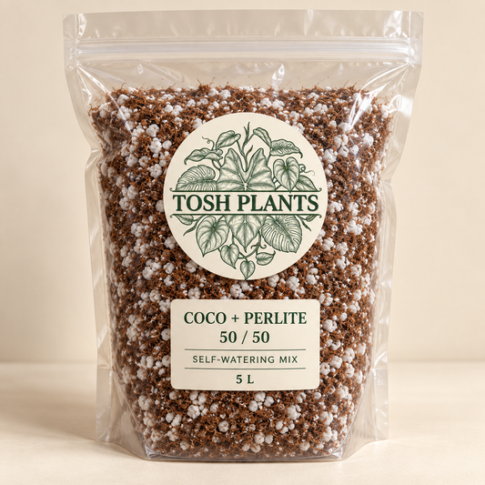 Generated packaging mockup of Tosh Plants 50/50 coco coir and perlite self-watering mix, 5 L.