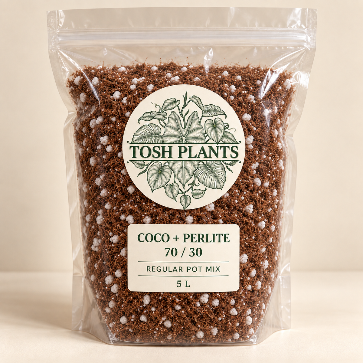 Generated packaging mockup of Tosh Plants 70/30 coco coir and perlite regular pot mix, 5 L.