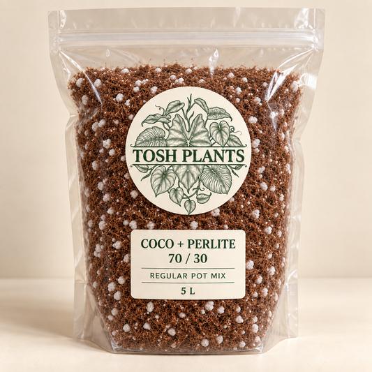 Generated packaging mockup of Tosh Plants 70/30 coco coir and perlite regular pot mix, 5 L.